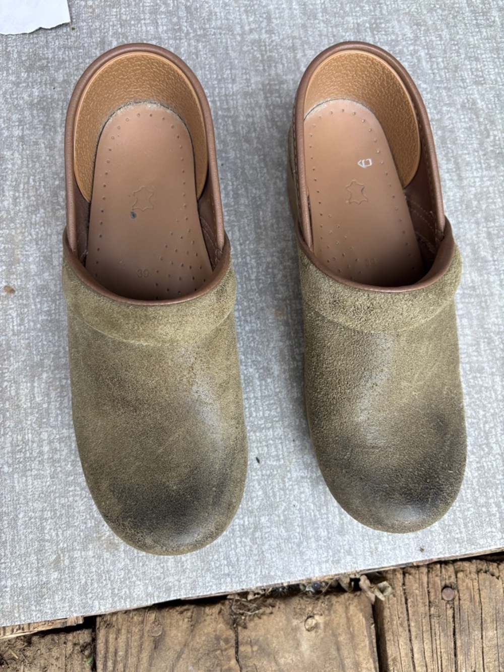dansko Suede Slip-On Clogs in Olive Green and Brown